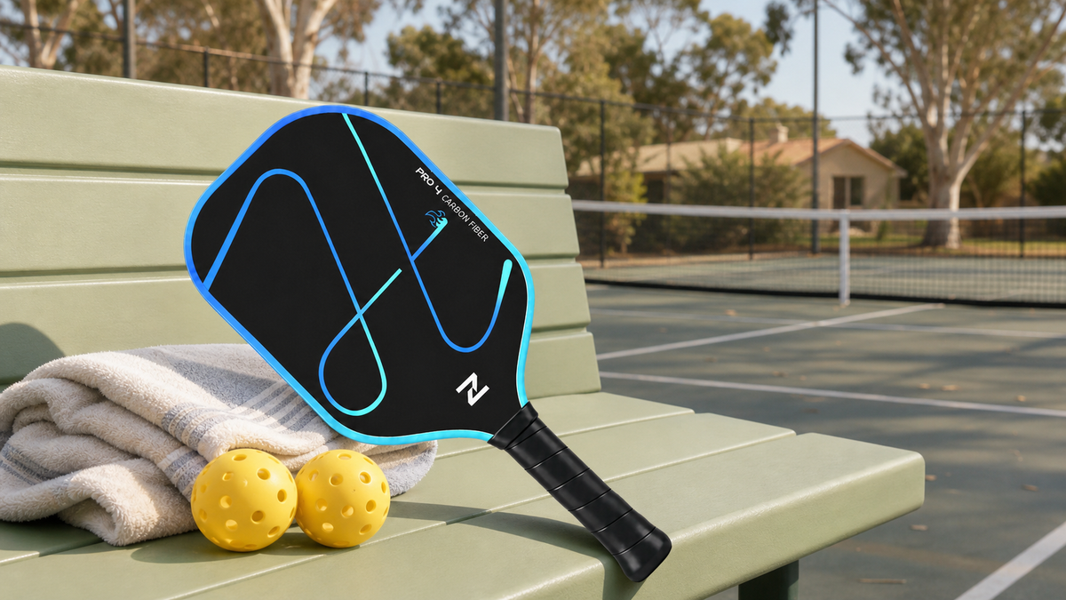 Blue OpenClip T700 pickleball paddle and outdoor balls on a courtside bench