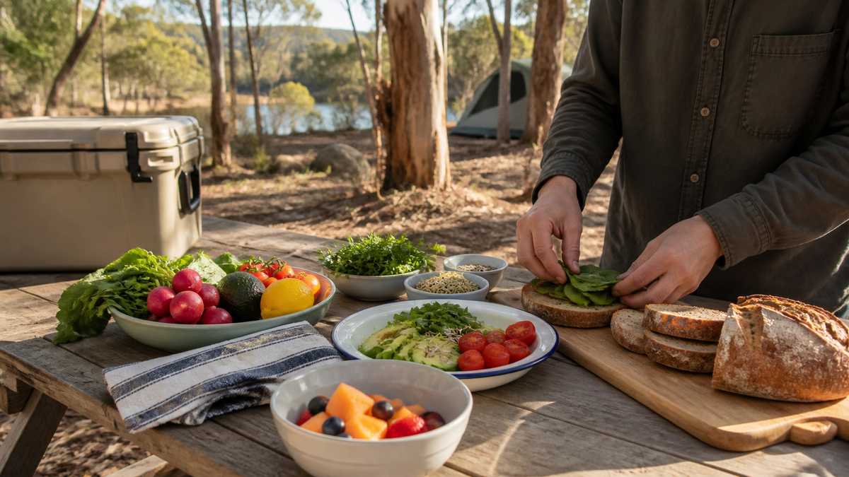 Fresh food being prepared on a clean table at an Australian bush campsite