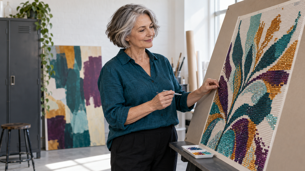 Confident silver-haired woman working on an abstract diamond painting in a modern art studio