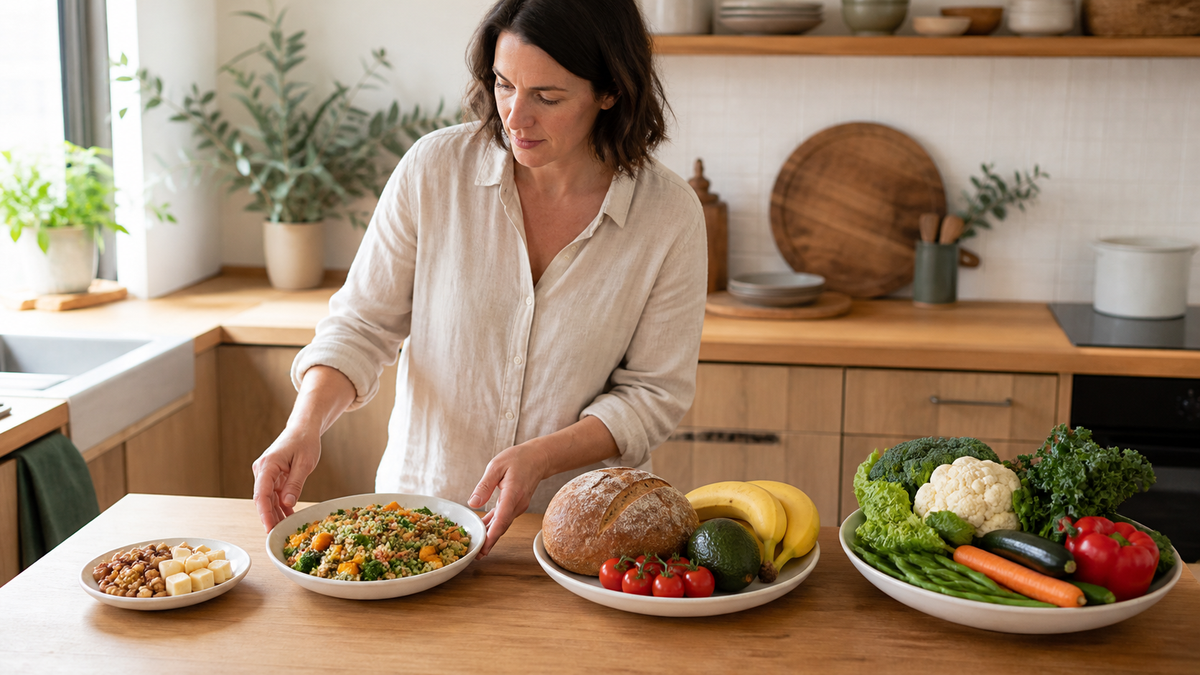 Four practical food portion sizes arranged on plates in a warm home kitchen