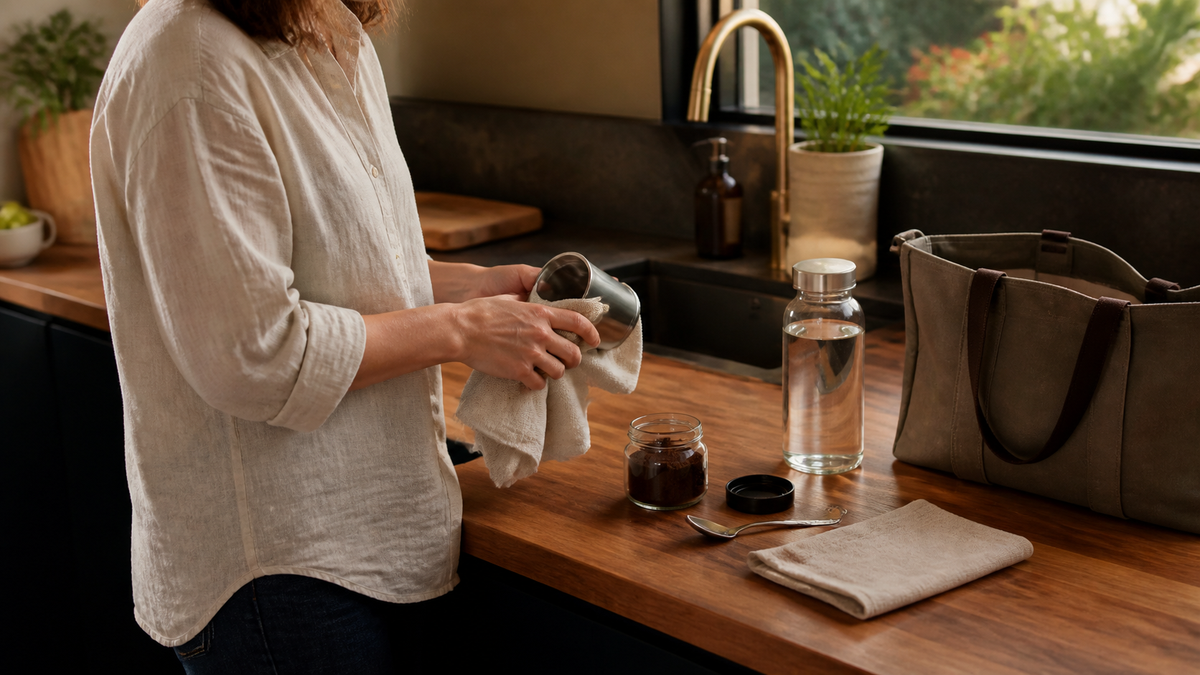 Clean travel coffee essentials being dried and repacked in a warm home kitchen