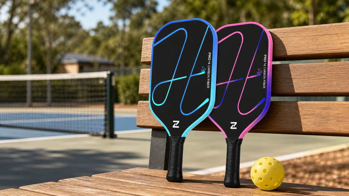Blue and pink OpenClip T700 pickleball paddles beside an Australian outdoor court