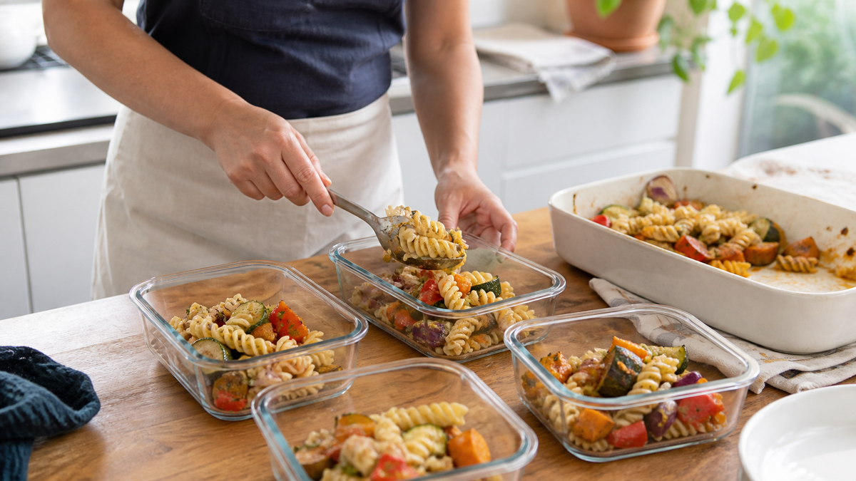 Cooked vegetable pasta being divided into shallow glass containers in a home kitchen