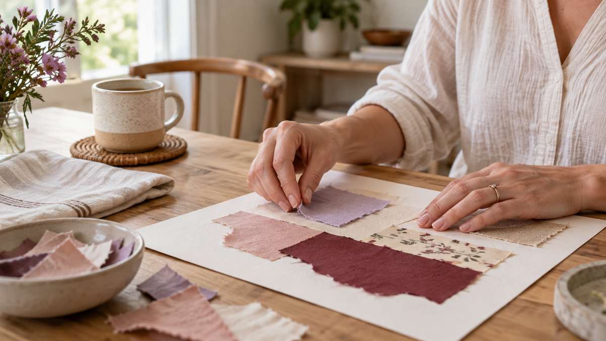 Adult arranging soft fabric pieces at a sunlit craft table