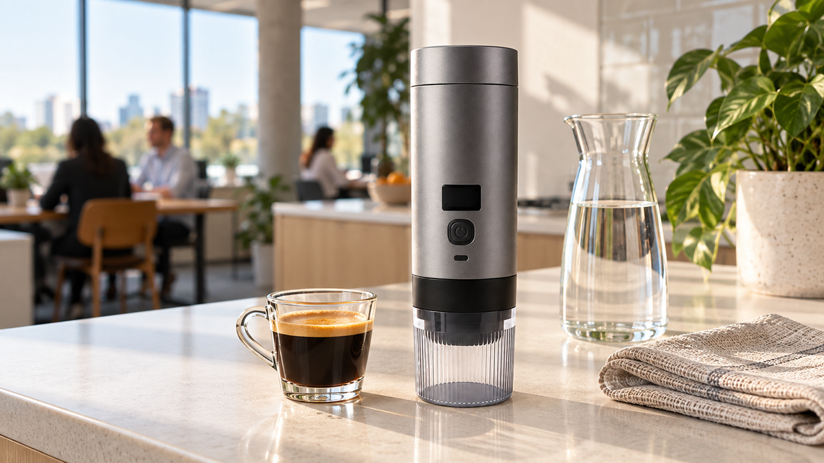 EspressoOne portable espresso maker in a bright office kitchenette