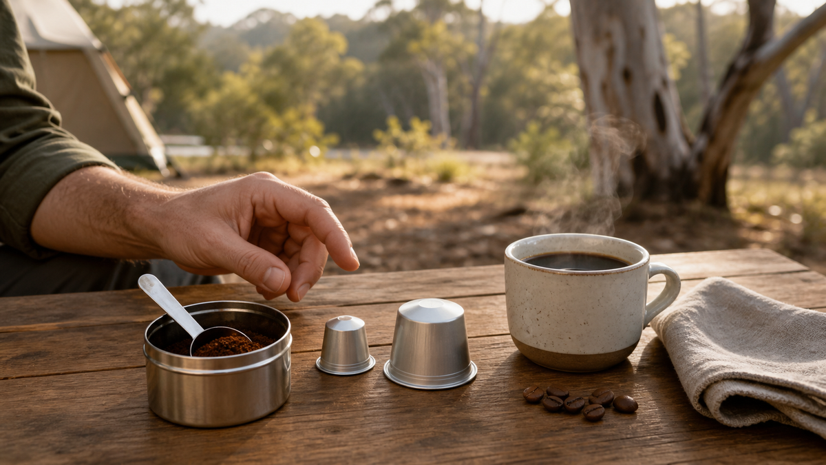 Ground coffee and two capsule sizes arranged on an Australian campsite table