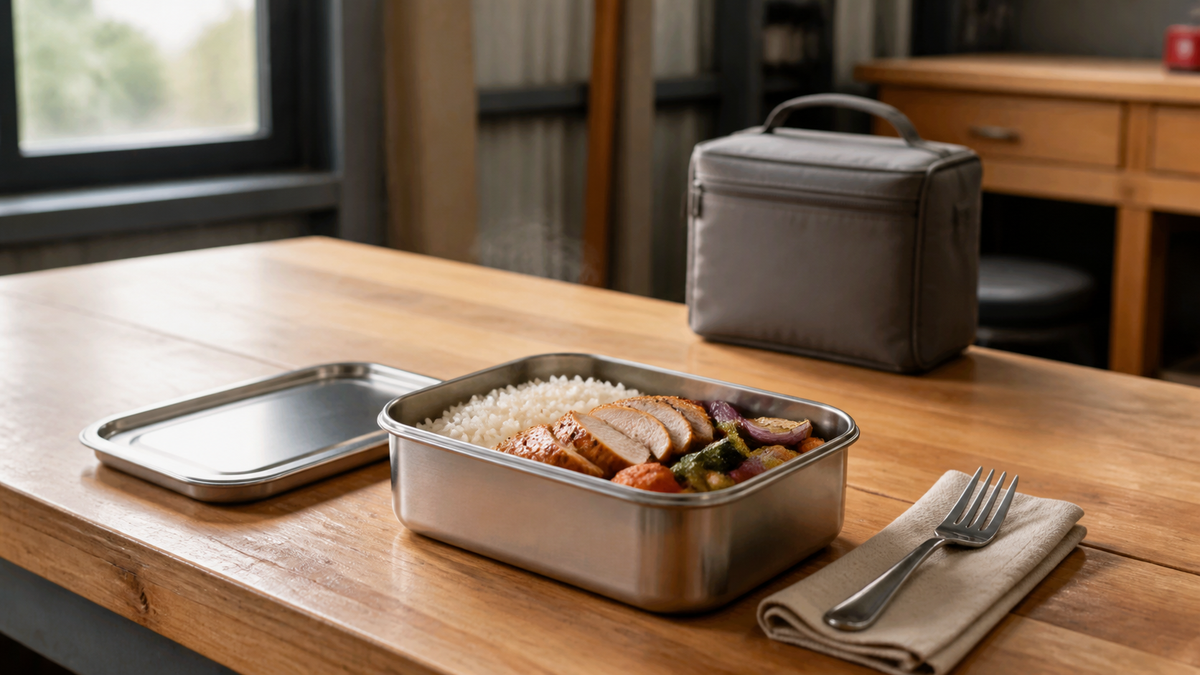 Hot chicken rice and vegetables in a stainless container at a work break area