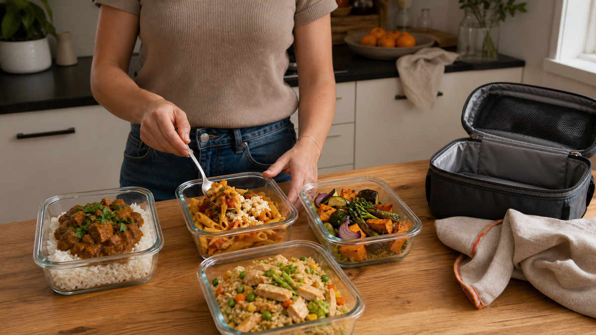 Four cooked work lunches being portioned beside an open insulated lunch tote