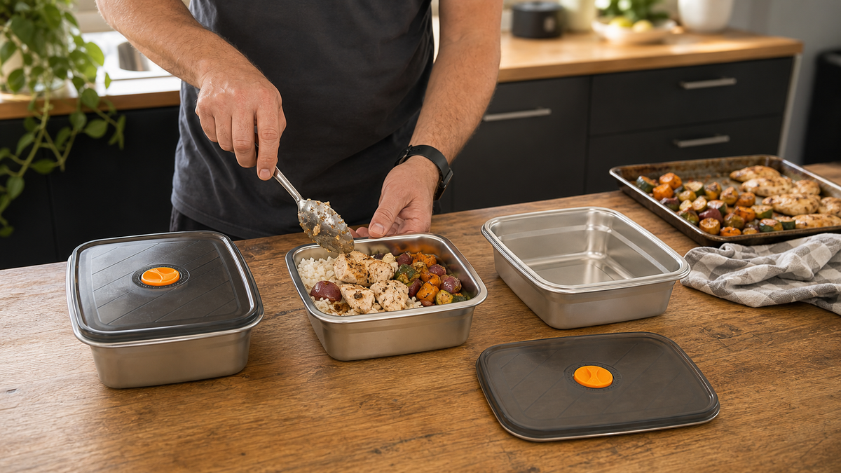 Three HeatOne Meal Prep Inserts used for a weekly work lunch routine