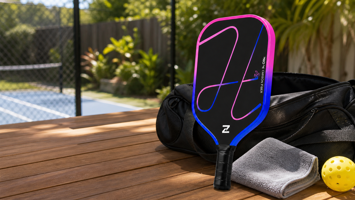 Pink OpenClip T700 paddle with a dry cloth and outdoor pickleball beside a court