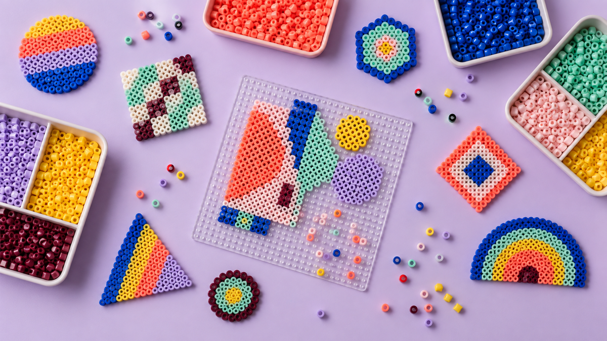 Colourful fuse bead pixel art and sorted beads viewed from above