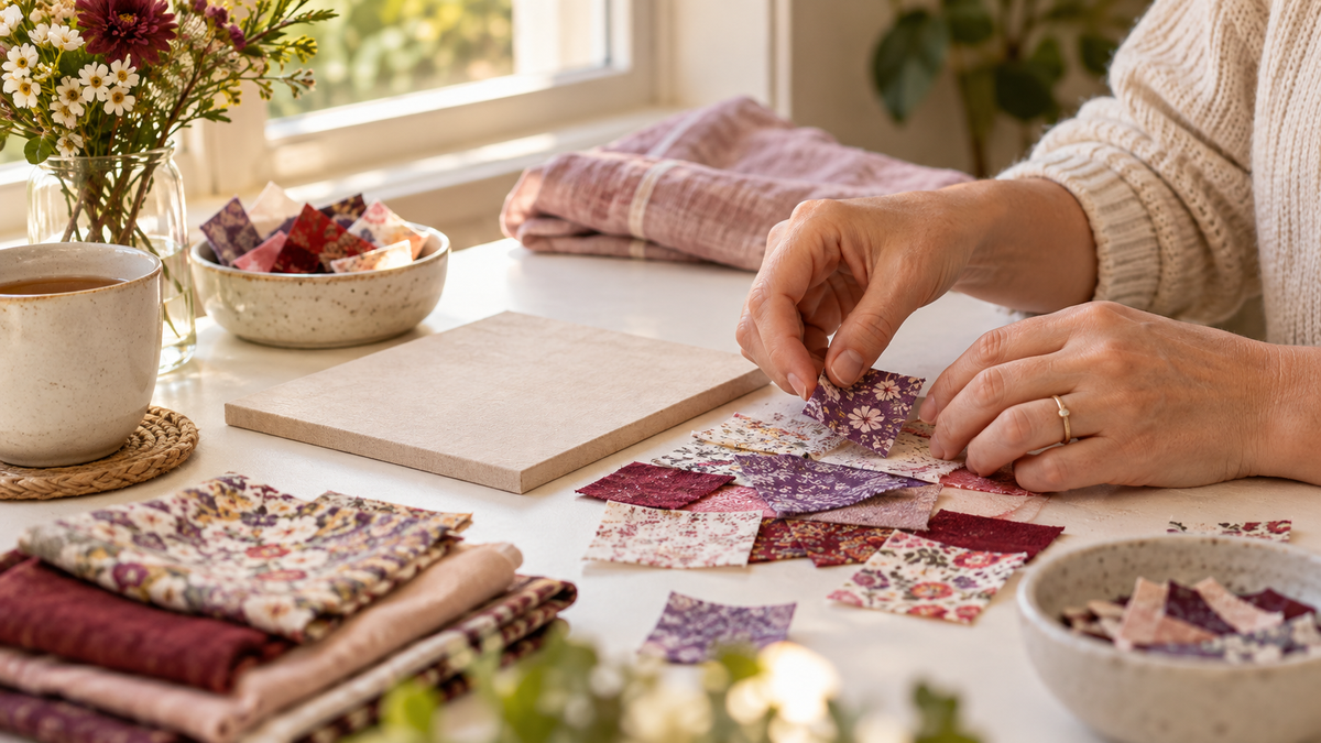 Adult arranging colourful fabric pieces during quiet creative time at home