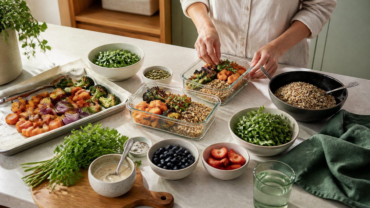 Weekly meal preparation with roasted vegetables, grains and fresh produce in a bright kitchen