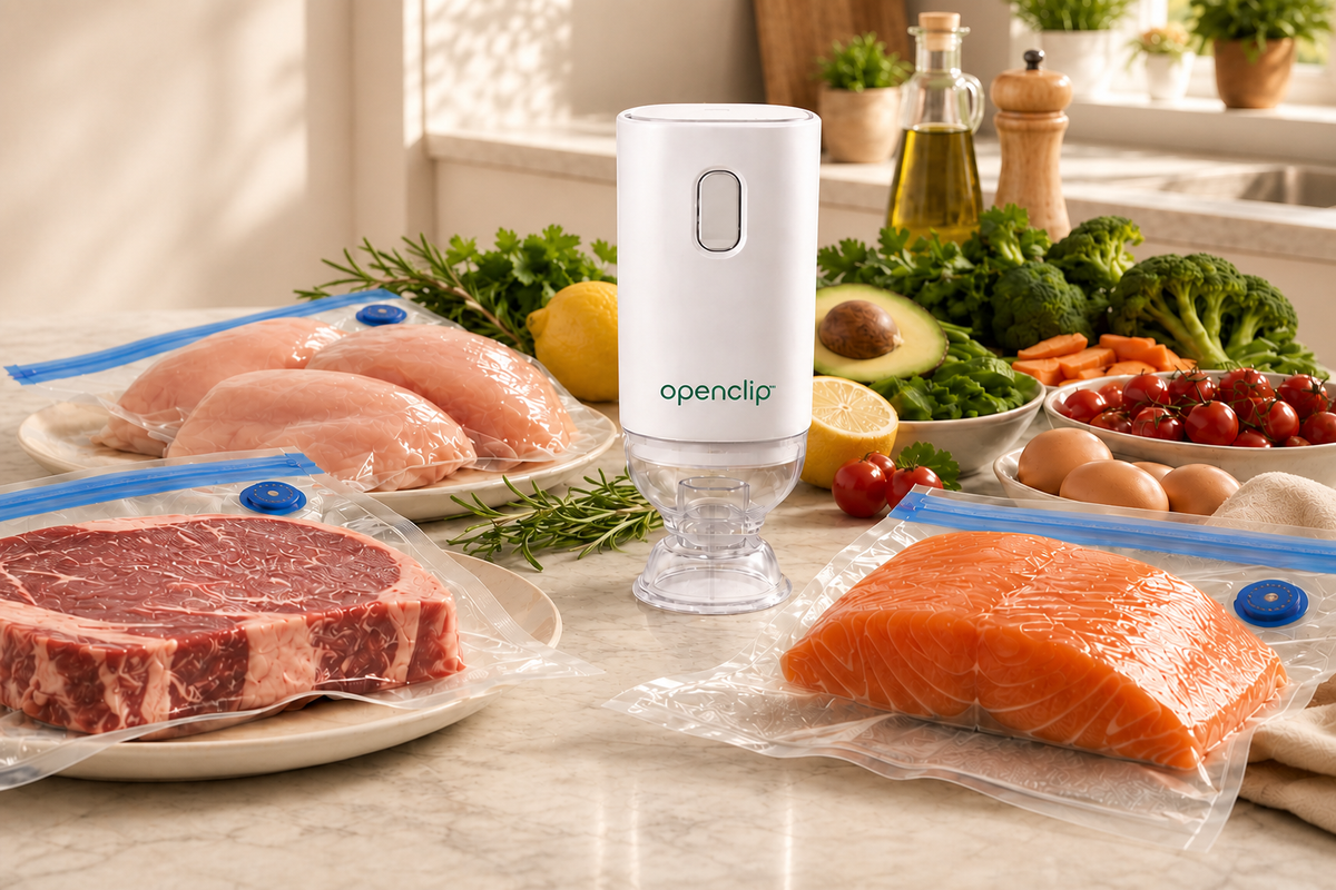 ClipOne cordless vacuum sealer with vacuum-sealed chicken, steak and salmon in a warm Australian kitchen