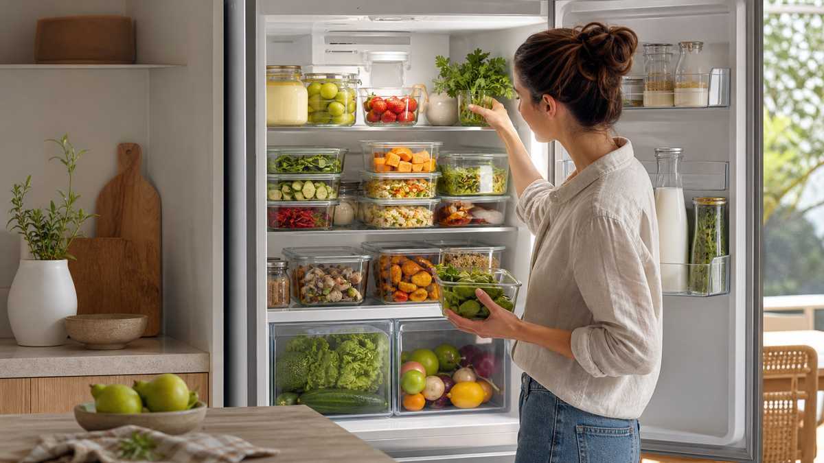 A neatly organised refrigerator with fresh produce and prepared food in clear containers
