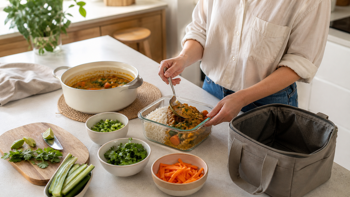 A homemade vegetable curry and rice being portioned into a glass container for a work lunch