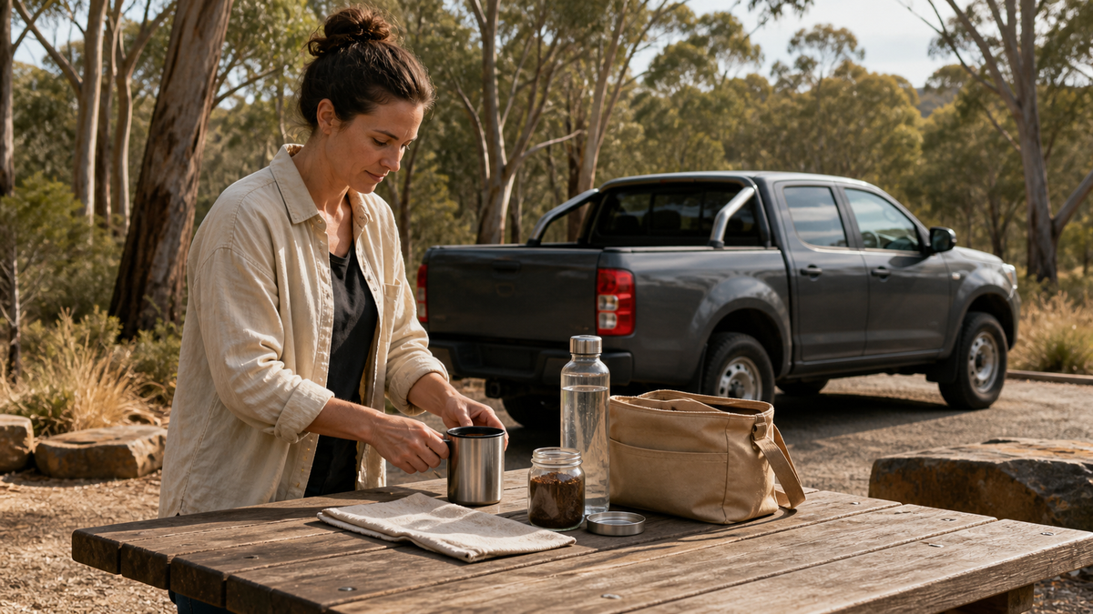 Road-trip coffee essentials arranged on a picnic table beside a parked ute