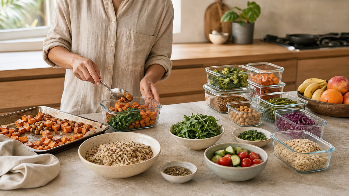 Cooked vegetables, grains and fresh produce being divided into practical portions in a bright kitchen