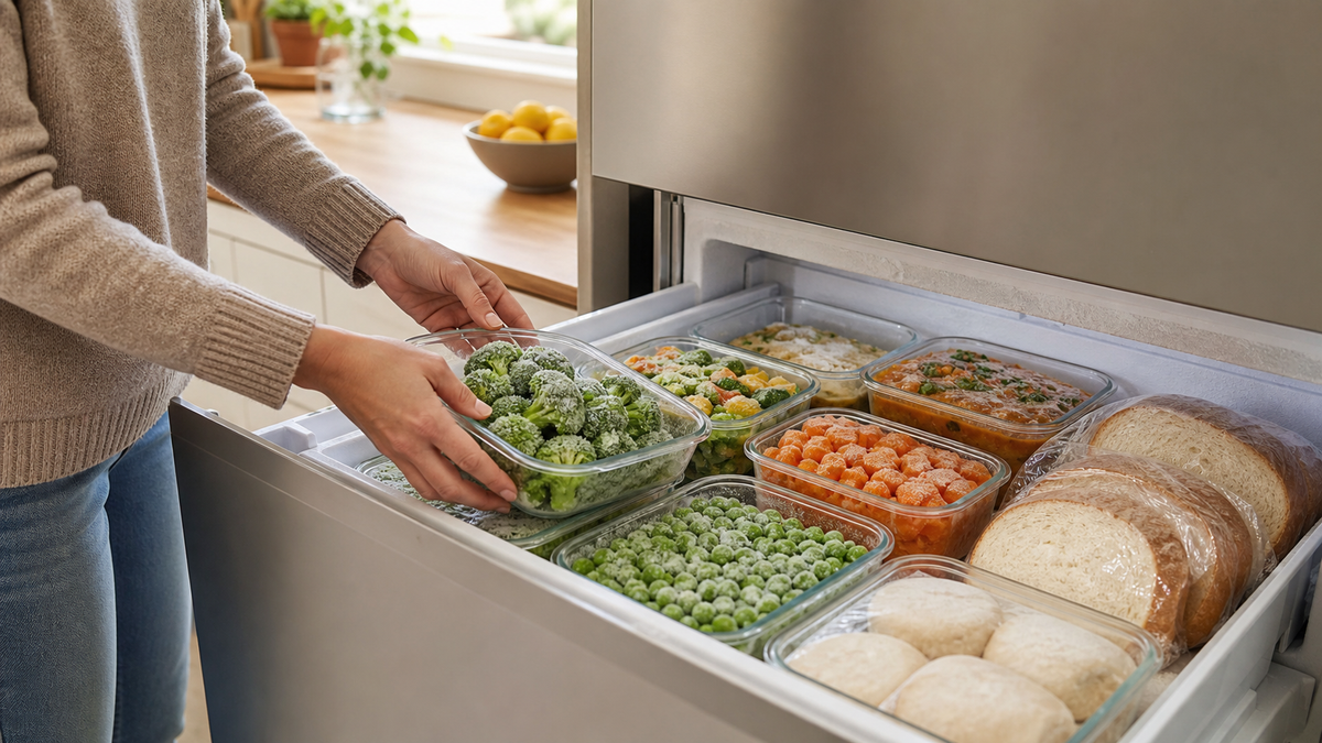 Neatly portioned frozen meals and vegetables being organised in a home freezer