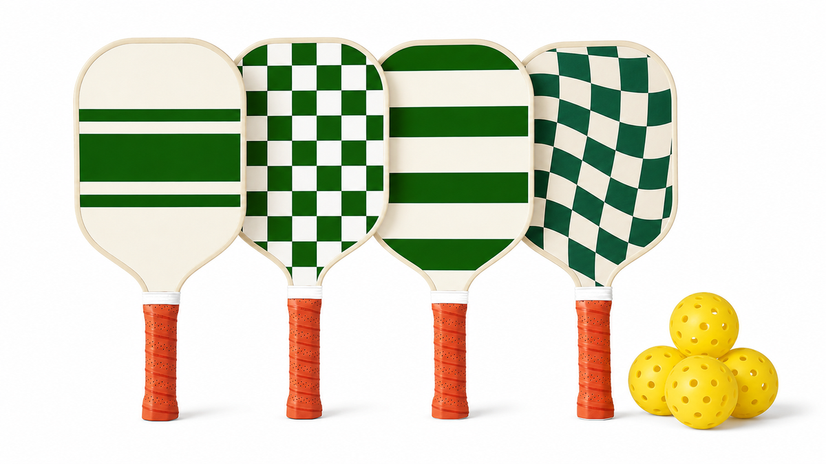 Four OpenClip Sports fibreglass pickleball paddle patterns with four yellow balls