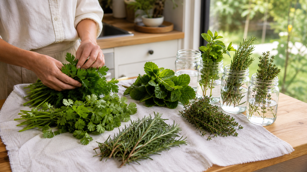 Fresh leafy and woody herbs being sorted on a clean kitchen cloth