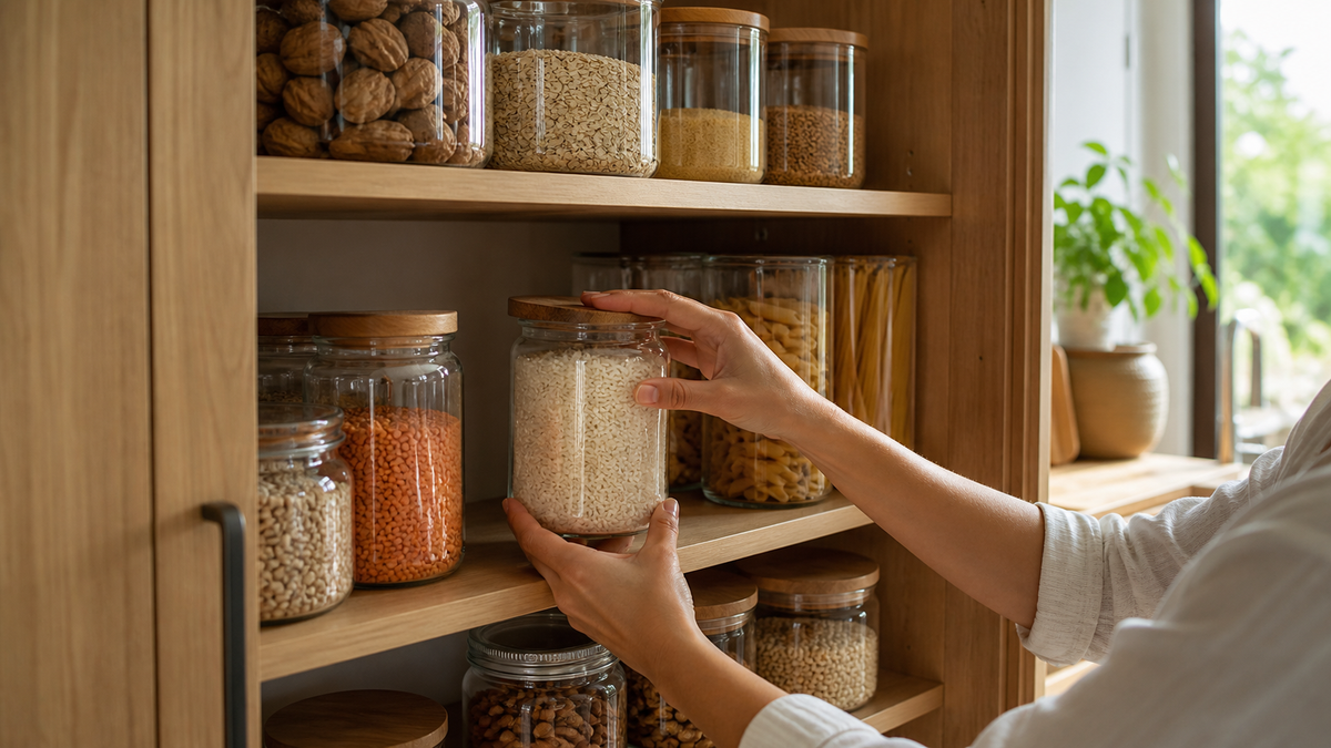 Dry pantry staples in plain glass jars being organised on timber shelves