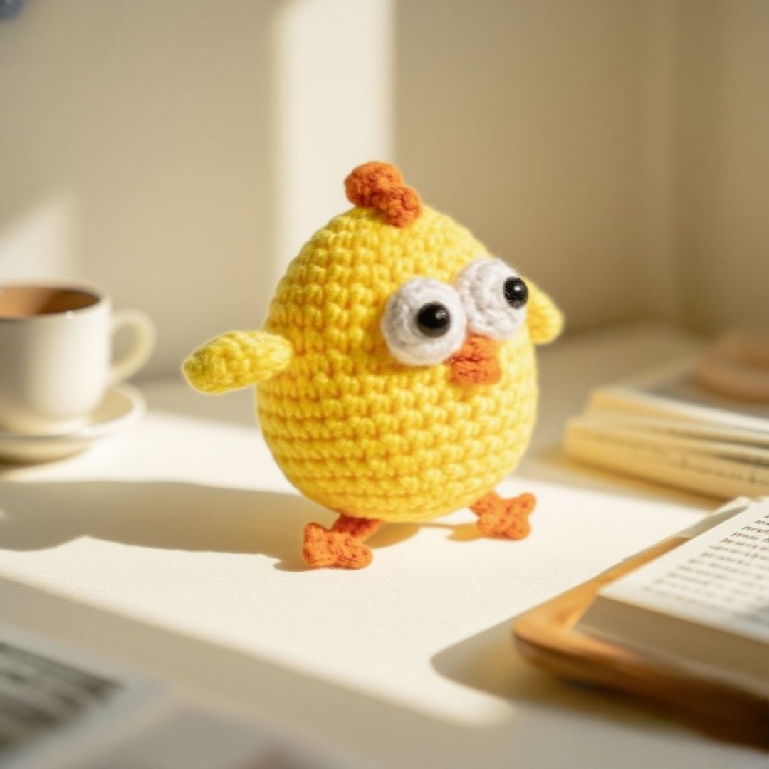 Crochet chick in a sunny home setting