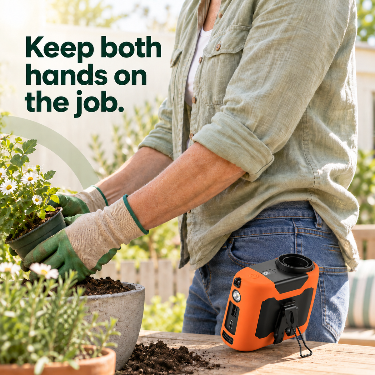 CoolOne standing on a potting bench during gardening