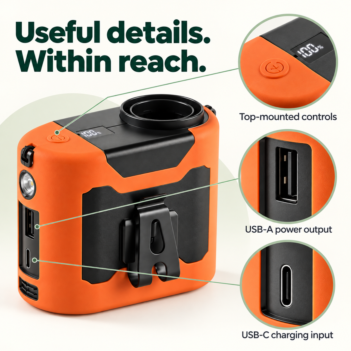CoolOne top controls, USB-A output and USB-C charging input