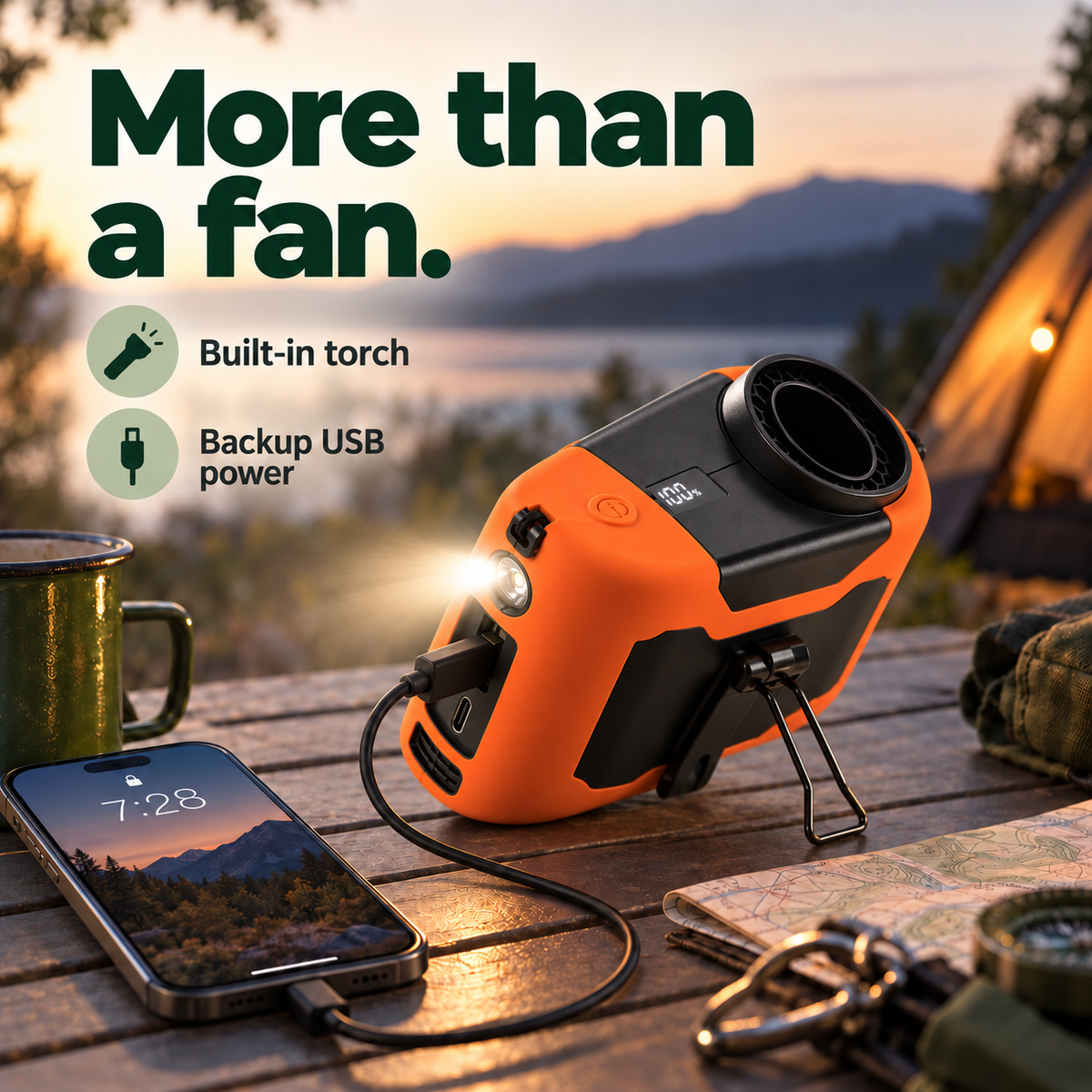 CoolOne torch and USB power output in use at a camping table