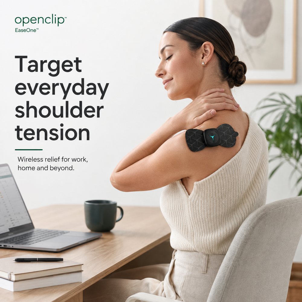 OpenClip Ease wireless massager worn directly on the shoulder