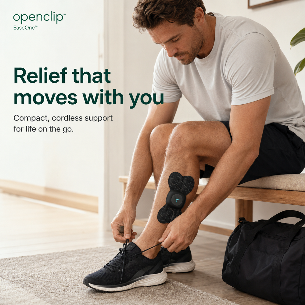OpenClip Ease wireless massager worn directly on the calf