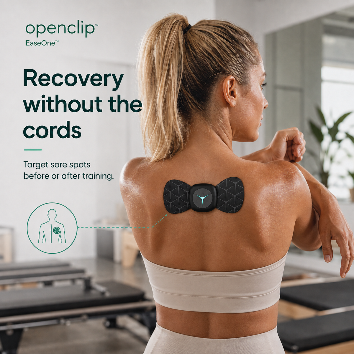OpenClip Ease wireless massager worn directly on the upper back after training