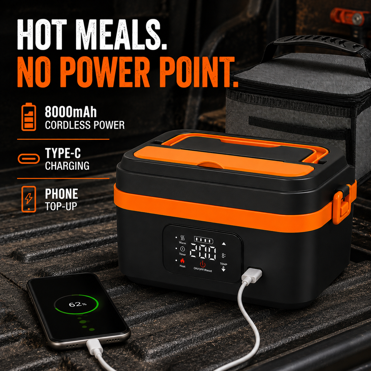 HeatOne 8000mAh cordless power, Type-C charging and phone top-up — no power point needed