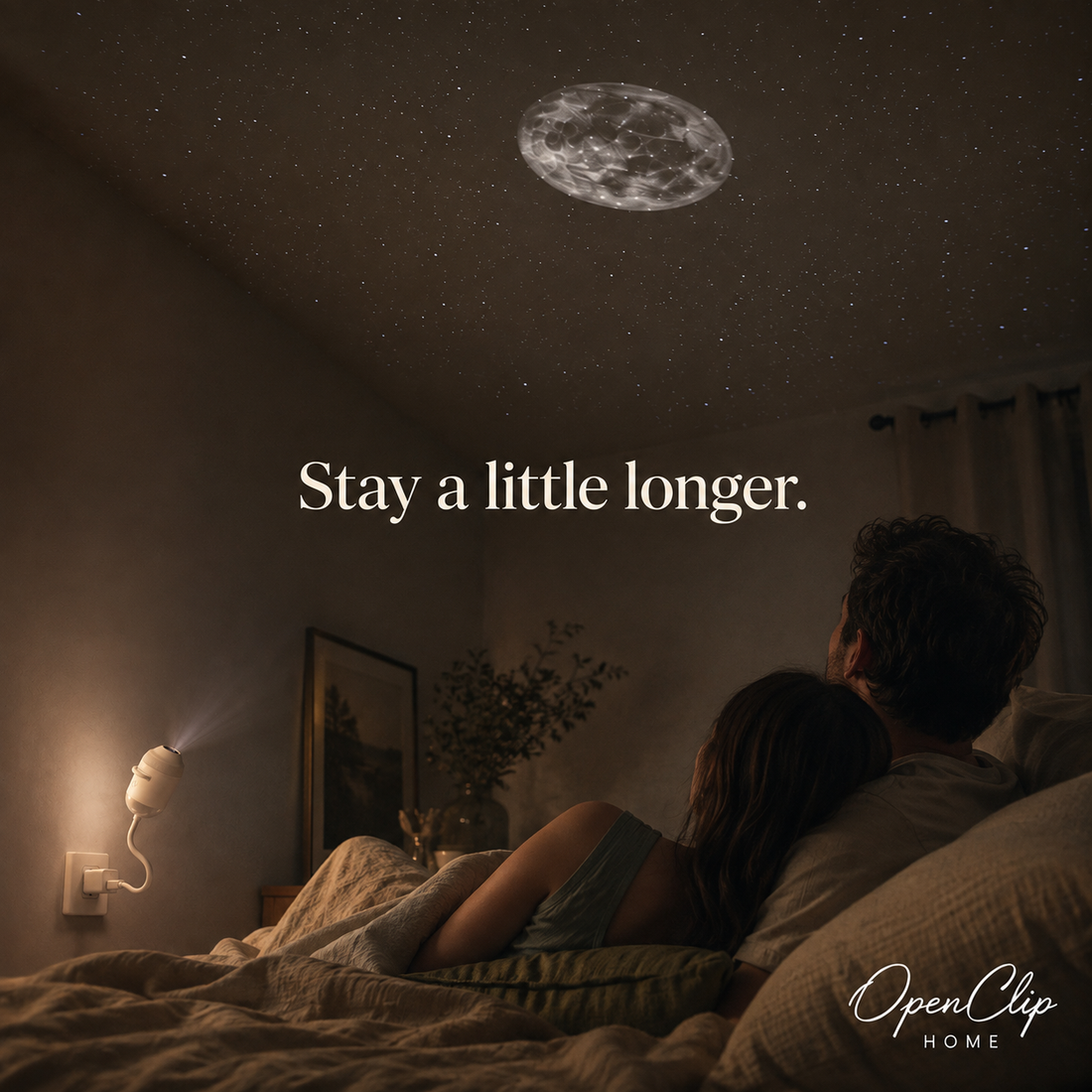 MoonWhisper Moon slide projection above a couple in a bedroom, with direct USB-A connection