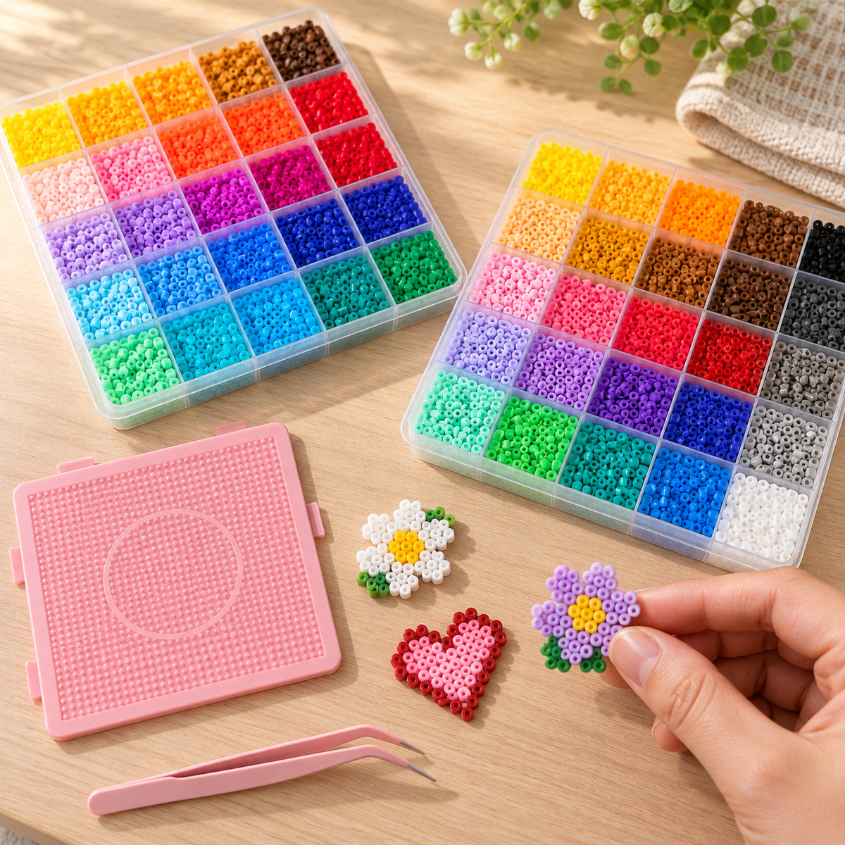 Example fuse bead flower and heart projects beside colour trays; finished projects not included