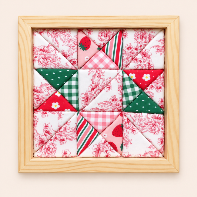 Strawberries Kinusaiga fabric art in its wooden frame