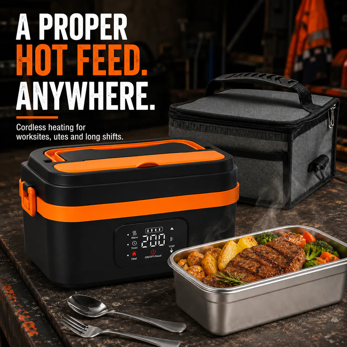 OpenClip HeatOne cordless heated lunch box — a proper hot feed anywhere for worksites, utes and long shifts