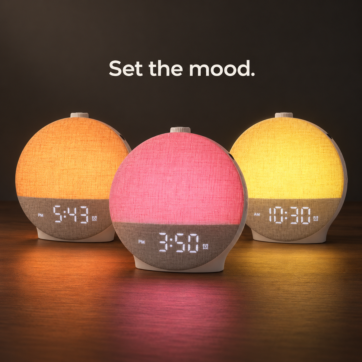 Wake-up light shown in three light colour settings