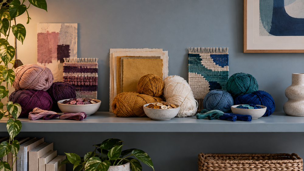 Yarn, thread, buttons and woven samples arranged in three colour palettes on a studio shelf