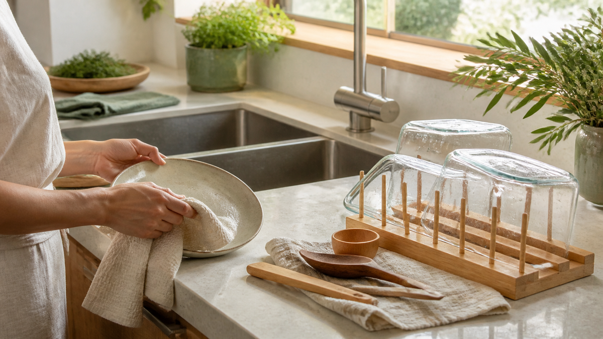Clean glass food containers and kitchenware air-drying beside a bright kitchen sink