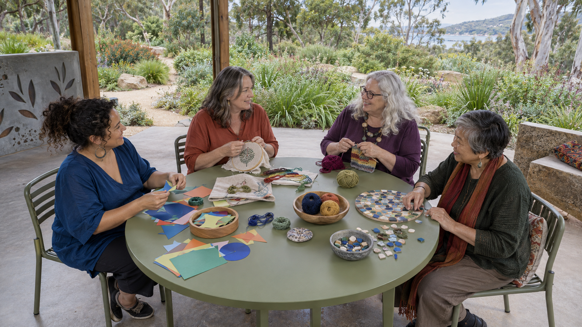 Four women of different ages sharing crafts in an open-air Australian garden pavilion