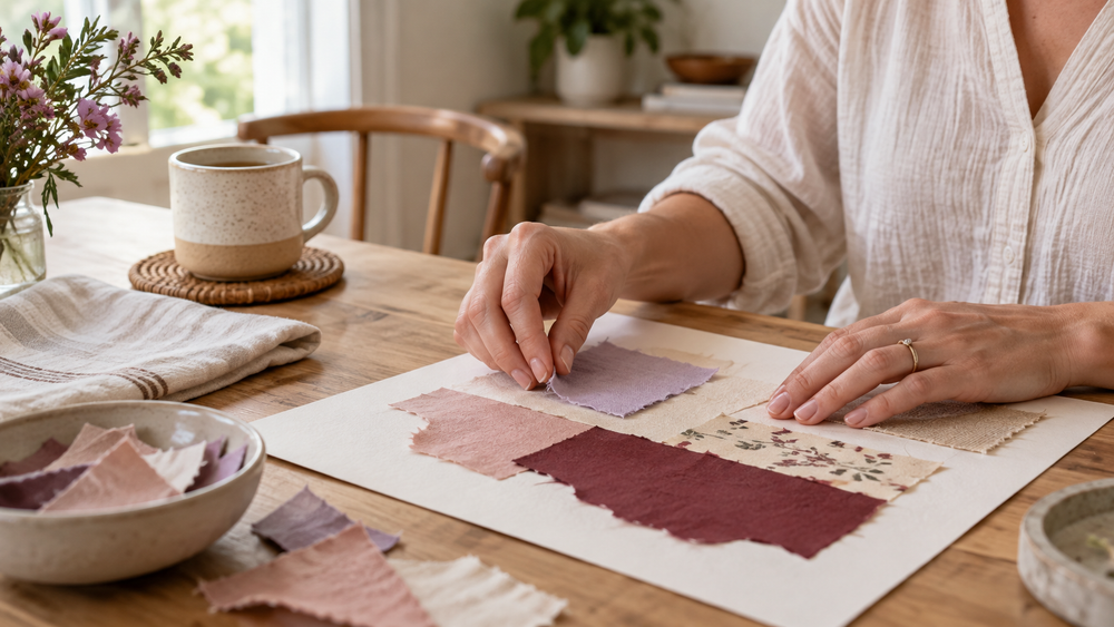 Adult arranging soft fabric pieces at a sunlit craft table