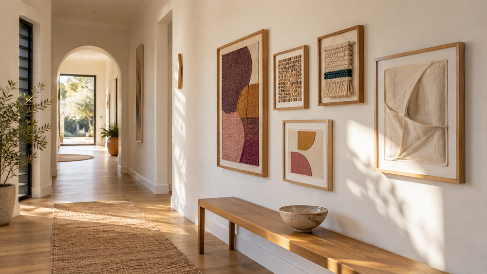 Handmade textile and mosaic artworks displayed with generous spacing in a light Australian hallway