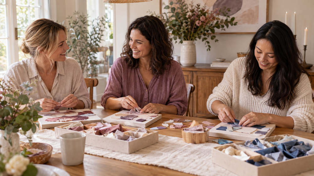 Three adult friends sharing a fabric craft session around a bright table