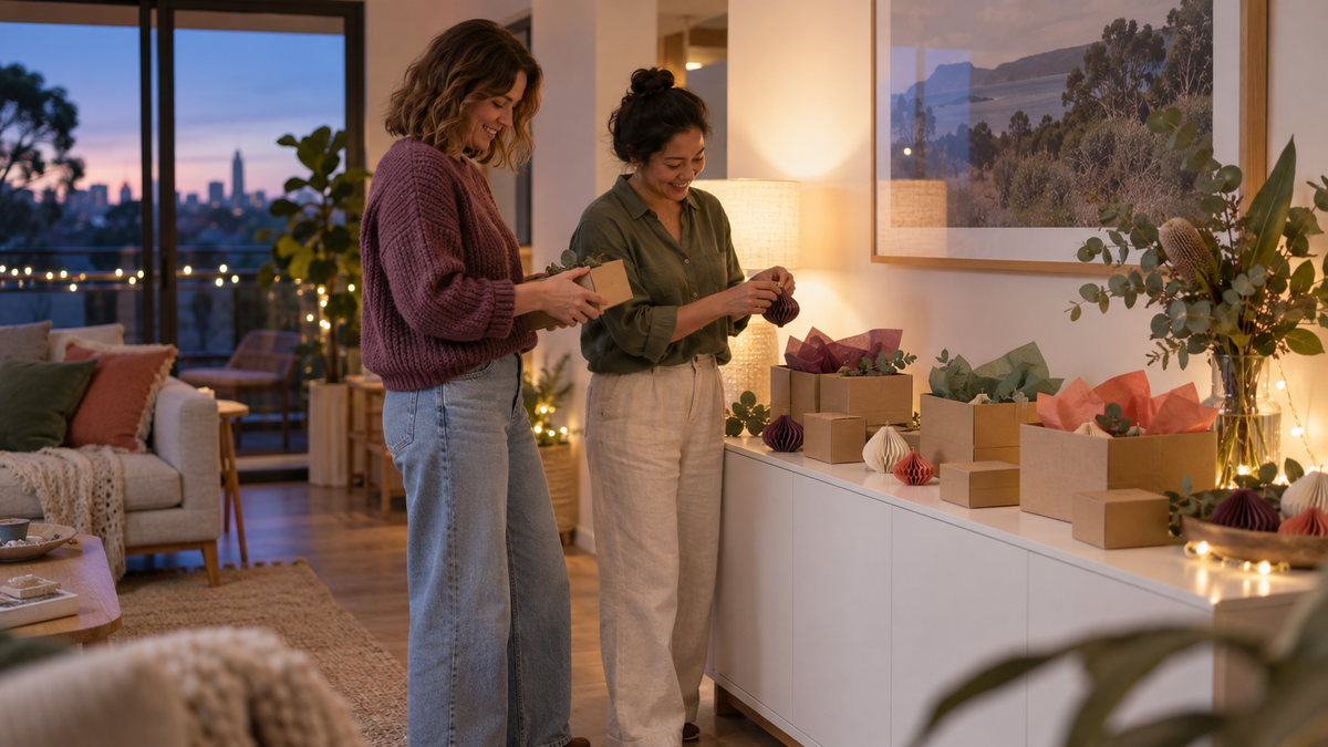 Two adult friends preparing handmade Christmas gifts in an Australian living room