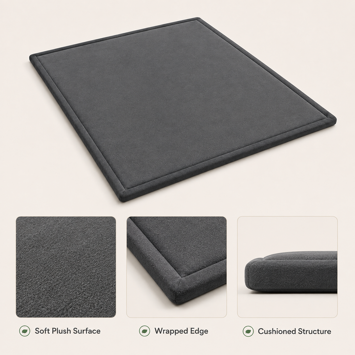 Soft plush surface, wrapped edge and cushioned structure details in Deep Grey