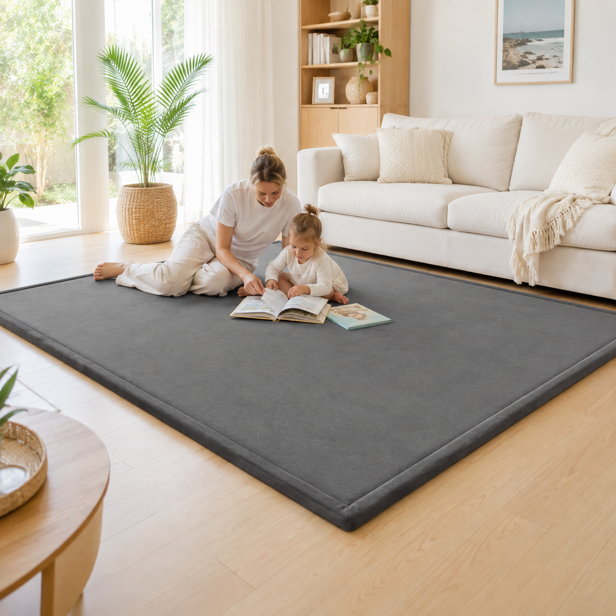 Family reading together on the CloudOne play mat in Deep Grey