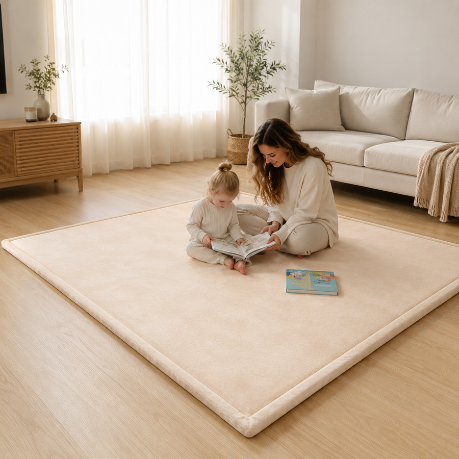 Family reading together on the CloudOne play mat in Natural Brown