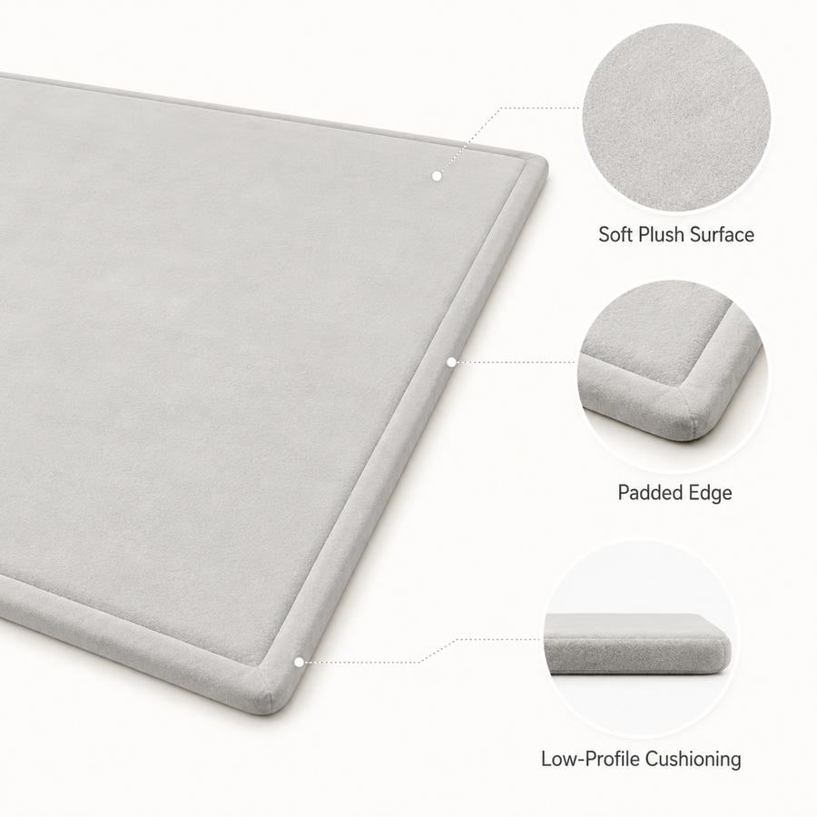 Soft plush surface, padded edge and low-profile cushioning details in Silver Grey